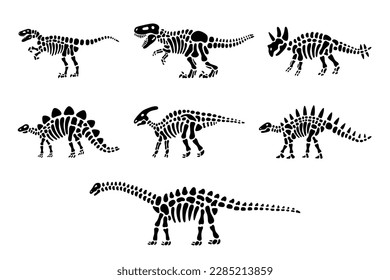 Conjunto de esqueletos de dinosaurios. Triceratops, Tyrannosaurus, Kentrosaurus, Brahiosaurus, Velociraptor, Stegosaurus, Parasaurolophus. Hueso de dinosaurios