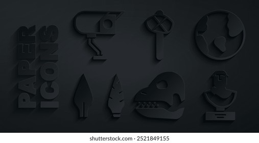Conjunto Cráneo de dinosaurio, globo de tierra, cabeza de flecha de la edad de piedra, escultura de busto antiguo, martillo e icono de cámara de seguridad. Vector