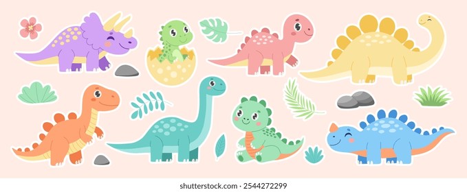 Un conjunto de pegatinas de dinosaurio con diferentes colores y tamaños. Algunos de los dinosaurios son verdes, mientras que otros son naranjas o amarillos