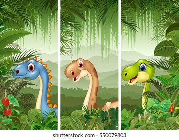 Set of dinosaur with tropical forest background
