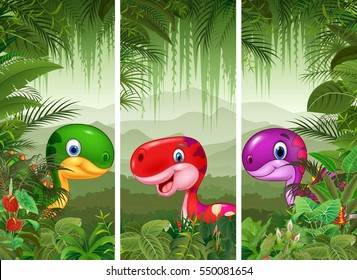 Set of dinosaur with tropical forest background
