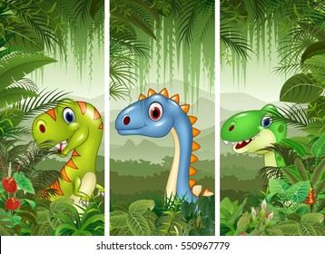 Set of dinosaur with tropical forest background

