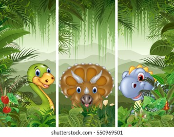 Set of dinosaur with tropical forest background