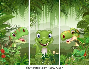 Set of dinosaur with tropical forest background