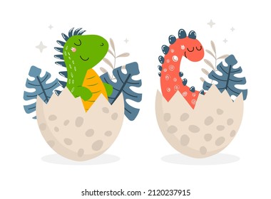 Set of dinosaur. Two characters hatch from egg, birth of fictional characters for children. BC picture for printing on tshirts. Cartoon flat vector illustrations isolated on white background