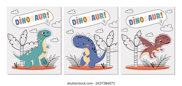 Set of dinosaur vector funny cards. Children's cards with cute dinosaurs in line style. Dino baby color illustration in naive style