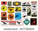 Set of dinosaur warning signs in various styles and colors. Includes silhouettes of prehistoric creatures like T. rex, raptors, mosasaurus, and stegosaurus with caution messages and danger symbols.