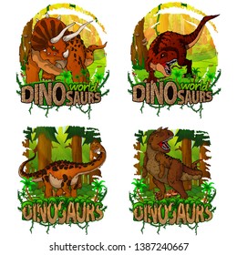 Set of dinosaur world logos. Vector illustration. Tyrannosaurus, Triceratops, Titanosaurus, Carnotaurus