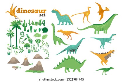 Set of dinosaurs, ancient plants, volcanoes of the Jurassic period. Dinosaur collection in cartoon flat style. Isolated vector illustration on white background.