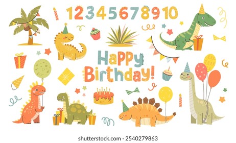 Set of dinosaurs for birthday party. Cute drawn dinosaurs for kids with balloons and gifts. Vector characters