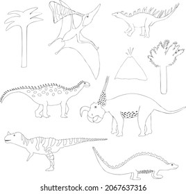 set of dinosaurs in black and white colors. Outline vector dinosaurs. Great for nursery kids design, baby shower, children products and birthday party decor. Gender neutral. Cute dinos
