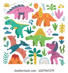 Set of dinosaurs in bright colors. Vector isolated on white background, perfect for nursery decoration, holiday decor, posters and textiles.