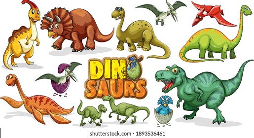 Set of Dinosaurs cartoon character isolated on white background illustration