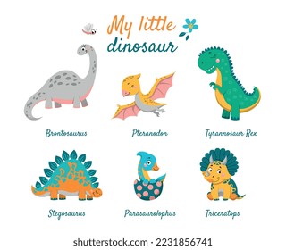 Set of dinosaurs. Collection of stickers for social networks and messengers. Animals before our era, nature and wild life concept. Cartoon flat vector illustrations isolated on white background