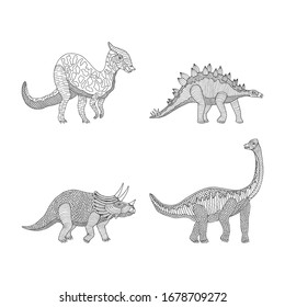 set of dinosaurs with a decorative pattern. coloring book. eps10 vector stock illustration. hand drawing. out line.
