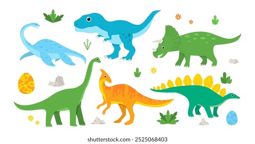 Conjunto de dinossauros. Dino, Tiranossauro e Tricerátops. Lagartos da era pré-histórica. Imaginação e fantasia. Antigos predadores. Coleção de vetores planos isolada no plano de fundo branco