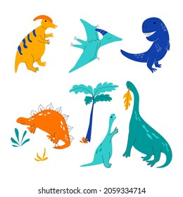 A set of dinosaurs in doodle style. Cute children's illustration is suitable for children's room