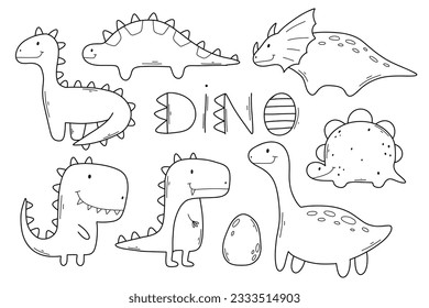 Set of dinosaurs in doodle style. Linear collection of Cute dinos. Vector illustration.