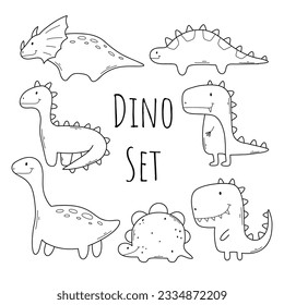 Set of dinosaurs in doodle style. Linear collection of Cute dinos. Vector illustration.