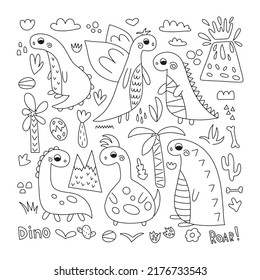 Set of Dinosaurs in doodle style. Vector isolated on white background ideal for nursery decoration, holiday decor, posters and textiles.