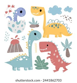 Conjunto de Dinosaurios y Elementos Doodle Clipart