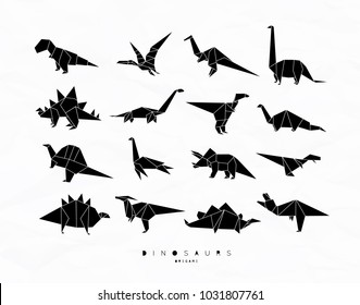 Set of dinosaurs in flat origami style tyrannosaurus, pterodactyl, barosaurus, stegosaurus, deinonychus, euoplocephalus, triceratops, jurassic, diplodocus, brachiosaurus on white background