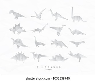 Set of dinosaurs in flat origami style tyrannosaurus, pterodactyl, barosaurus, stegosaurus, deinonychus, euoplocephalus, triceratops, jurassic, diplodocus, brachiosaurus