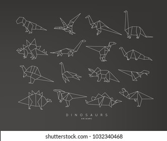 Set of dinosaurs in flat origami style tyrannosaurus, pterodactyl, barosaurus, stegosaurus, deinonychus, euoplocephalus, triceratops drawing with grey lines on black background