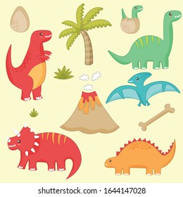 Set of dinosaurs including T-rex, Brontosaurus, Triceratops, Velociraptor, Pteranodon, Allosaurus