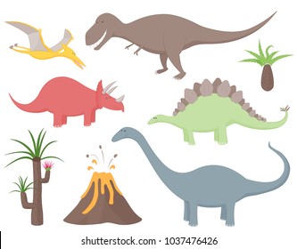Set of dinosaurs including Tyrannosaurus Rex, Stegosaurus, Triceratops, Diplodocus, Pteradactyl, prehistoric plants and volcano. Isolated from background