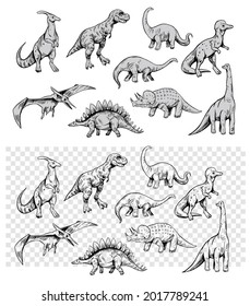 Set of dinosaurs isolated on white background,vector sketch illustration. Vintage style