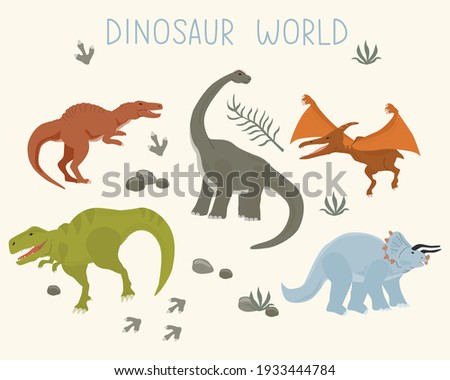 Set with dinosaurs isolated on a white background to create seamless patterns. Vector illustration for printing on packaging paper, fabric, postcard, clothing. Cute children's background