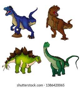 Set of dinosaurs. Isolated vector illustration. Raptor; carnotaurus; stegosaurus; diplodocus