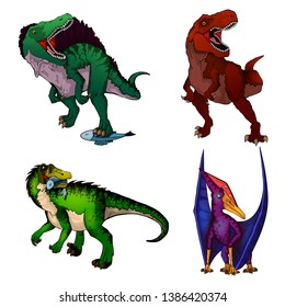 Set of dinosaurs. Isolated vector illustration. Spinosaurus; tyrannosaur; baryonics; pteranodon