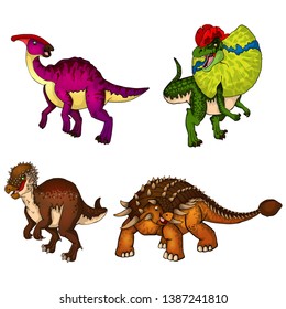 Set of dinosaurs. Isolated vector illustration. Ankylosaurus,  pachy, dilophosaurus, parasaurolophus