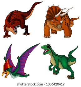 Set of dinosaurs. Isolated vector illustration.Tyrannosaur; triceratops; velociraptor; tapejara