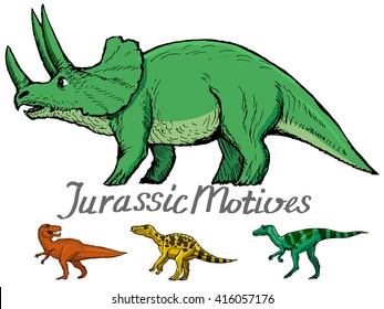 set of dinosaurs, jurassic motive, triceratops, tyrannosaurus and other dinosaurs