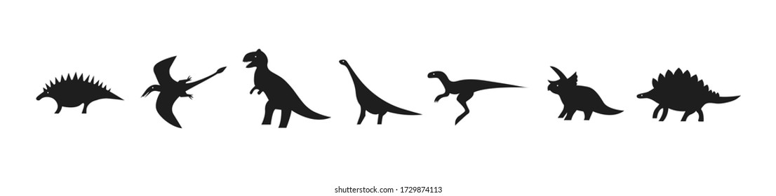 Set of dinosaurs for laser cutting. Black silhouettes of dinosaurs and pterodactyls. Vector icons