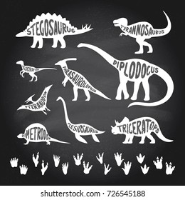 Set of dinosaurs with lettering and footprints on a chalkboard background.