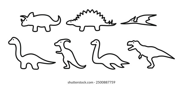 Conjunto de iconos de vector de línea de dinosaurios en fondo blanco. 