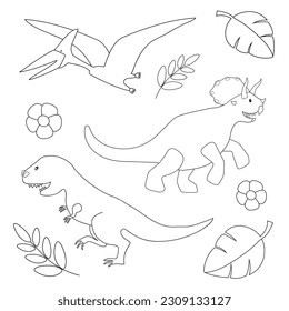 Set of dinosaurs on white background for coloring book. Cartoon vector illustration.