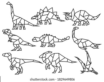 Set Of Dinosaurs In Origami Style. Сollection Of Dino Folded Paper. Jurassic Period. Linear Art. Vector Illustration Isolated On White Background.