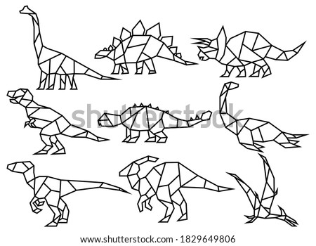 Set of dinosaurs in origami style. Сollection of dino folded paper. Jurassic period. Linear art. Vector illustration isolated on white background.