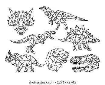 Set of dinosaurs in origami style. Сollection of geometric dino folded paper. Jurassic period. Linear art. Vector illustration isolated on white background.