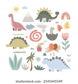 Set with dinosaurs and plants, hand drawn caroon animals , flowers, leaves, grass, rainbows , mountains, sun and clouds. Cute kids illustration.