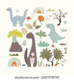 Set with dinosaurs and plants, hand drawn caroon animals , flowers, leaves, grass, rainbows , mountains, egg and bones. Cute kids illustration.	

