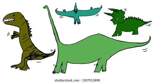 Set of dinosaurs Pterodactyl, tyrannosaurus, triceratops, diplodocus. Vector illustration for banners, posters, design for children.  Color emoji, stickers, prints. Collection kids Dino stock images