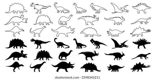 Set of dinosaurs silhouette and line art icons design vector illustration.