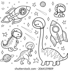 A set of dinosaurs in space in a childish style, cute doodle for decoration. Vector