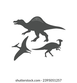 Set of Dinosaurs, Spinosaurus, Pteranodon and Parasaurolophus Silhouette Icon Illustration Vector